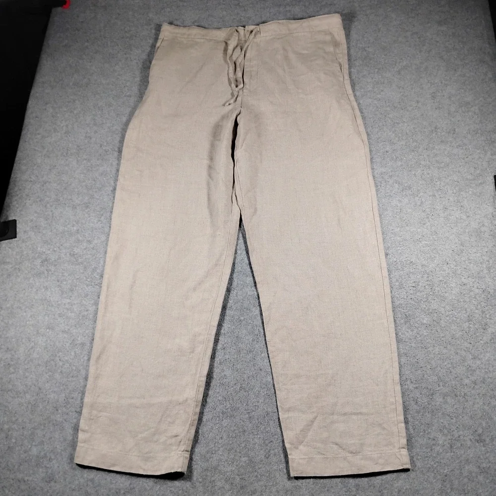 Reunion Men's Beige 100% Linen Drawstring Straight Leg Casual Pants Size XXL